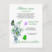 蝶とデイジーの緑の日付を保存 案内ポストカード (正面)