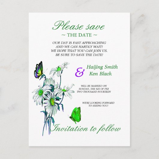 蝶とデイジーの緑の日付を保存 案内ポストカード (正面)