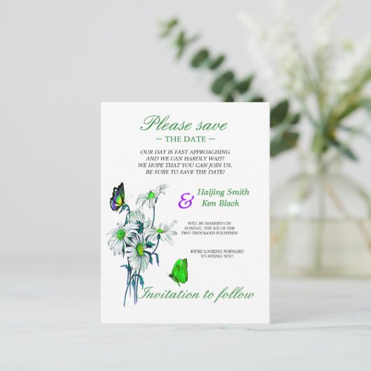 蝶とデイジーの緑の日付を保存 案内ポストカード (スタンド正面)