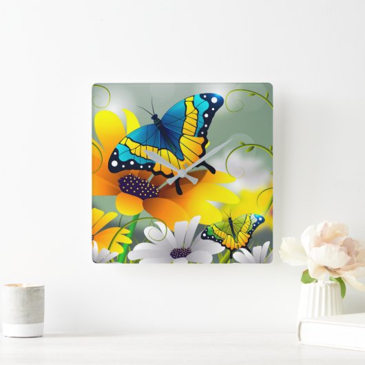 蝶とデイジー スクエア壁時計 (ホーム)