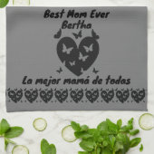 蝶とハートの名前をカスタムする、バイリンガルグレー キッチンタオル (折り畳み)