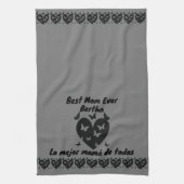 蝶とハートの名前をカスタムする、バイリンガルグレー キッチンタオル (縦)