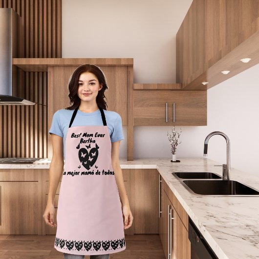 蝶とハートの名前をカスタムする,バイリンガルピンク エプロン