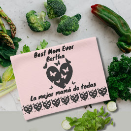 蝶とハートの名前をカスタムする，バイリンガルピンク キッチンタオル