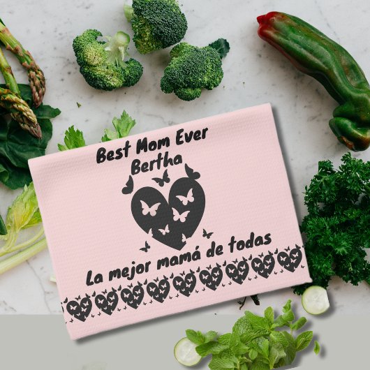 蝶とハートの名前をカスタムする，バイリンガルピンク キッチンタオル