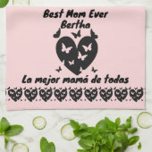 蝶とハートの名前をカスタムする，バイリンガルピンク キッチンタオル (折り畳み)