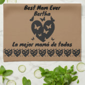 蝶とハートの名前をカスタムする、バイリンガルブラウン キッチンタオル (折り畳み)