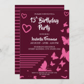 蝶とハートピンクガール13誕生日 招待状 (正面/裏面)