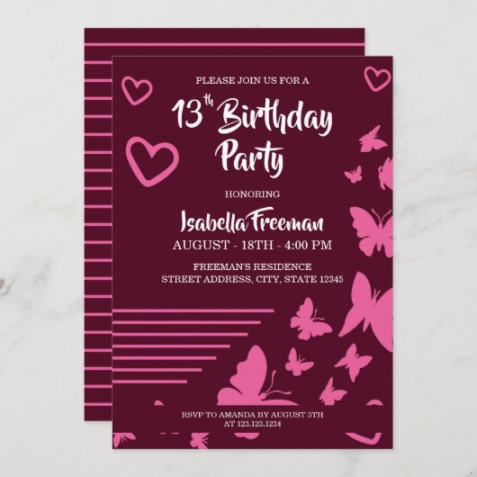 蝶とハートピンクガール13誕生日 招待状 (正面/裏面)