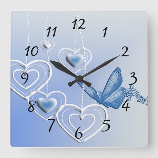 蝶とハート スクエア壁時計 (正面)