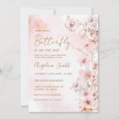 蝶とバラのピンクの庭の女の子のベビーシャワー 招待状 (正面)