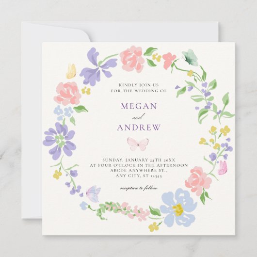 蝶とパステルフラワー結婚リース 招待状 (正面)