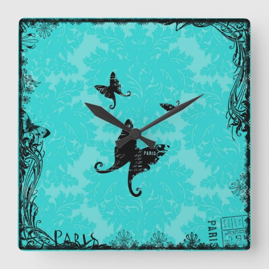 蝶とパリウォールクロック スクエア壁時計 (正面)