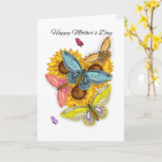 蝶とヒマワリの母のデイカード カード (黄色い花)