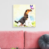 蝶とビーグルの子犬 キャンバスプリント (インサイチュ (リビング))