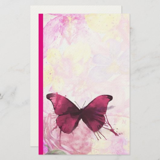 蝶とピンクと黄色の水色の花 便箋 (正面/裏面)