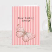 蝶とピンクのストライプの誕生日 カード (正面)