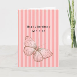 蝶とピンクのストライプの誕生日 カード