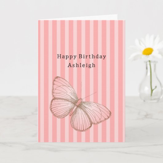 蝶とピンクのストライプの誕生日 カード (小さな植物)