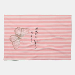 蝶とピンクのストライプ キッチンタオル