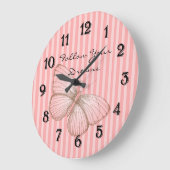 蝶とピンクのストライプ ラージ壁時計 (傾斜)