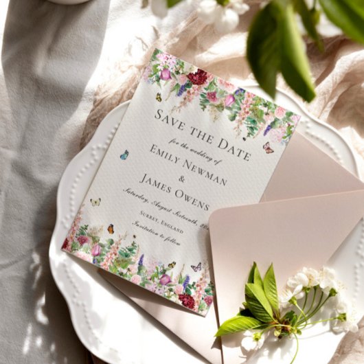 蝶とピンクの紫色の花が日付を保存 セーブザデート