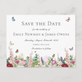 蝶とピンクの紫色の花が日付を保存 ポストカード (正面)