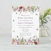 蝶とピンクの紫色の花ベビーシャワー 招待状 (スタンド正面)