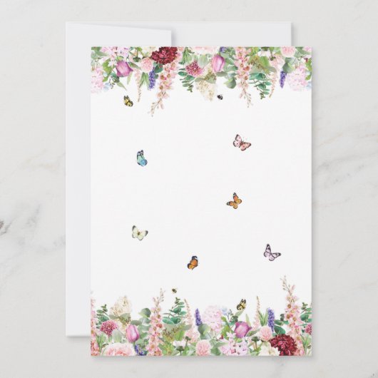 蝶とピンクの紫色の花ベビーシャワー 招待状 (裏面)