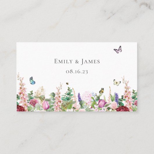 蝶とピンクの紫色の花座席表 プレイスカード (裏面)