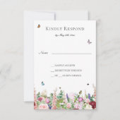 蝶とピンクの紫色の花RSVPカード 出欠カード (正面)