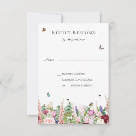 蝶とピンクの紫色の花RSVPカード 出欠カード