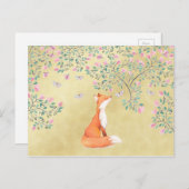 蝶とピンクの花を持つキツネ ポストカード (正面/裏面)