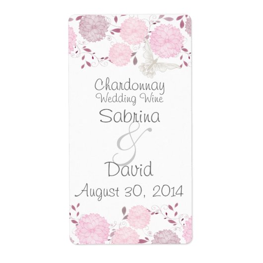 蝶とピンクの菊結婚のワイン ラベル (正面)