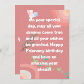 蝶とピンクの2月の誕生日カード 招待状 (正面/裏面)