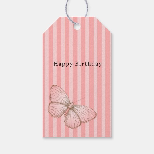 蝶とピンクストライプの誕生日 ギフトタグ (正面)