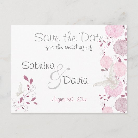 蝶とピンク菊の日付を保存 案内ポストカード (正面)