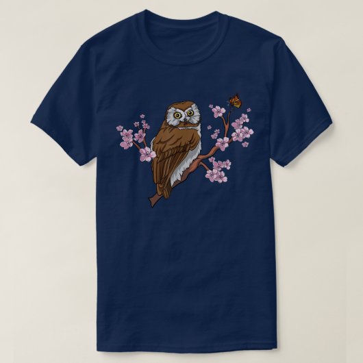 蝶とフクロウ日本の桜さくらんぼ Tシャツ (デザイン正面)