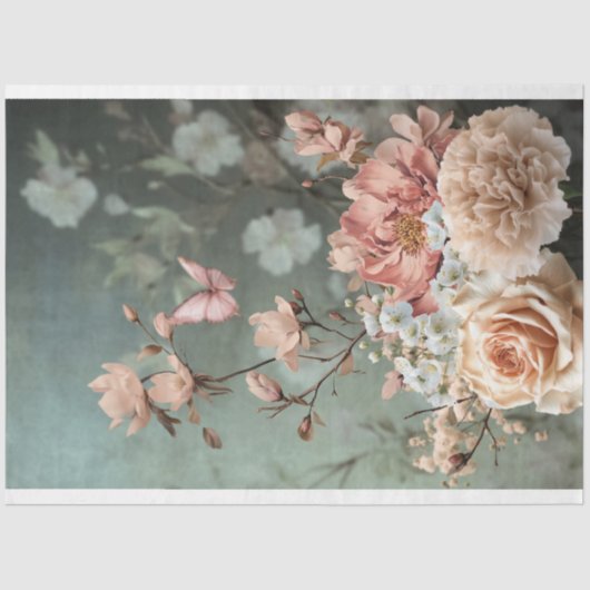 蝶とフローラブーケ、ピンク、緑、ベージュ 薄葉紙 (正面)