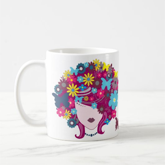 蝶とフローラ美しい女性の頭のマグカップ コーヒーマグカップ (左)