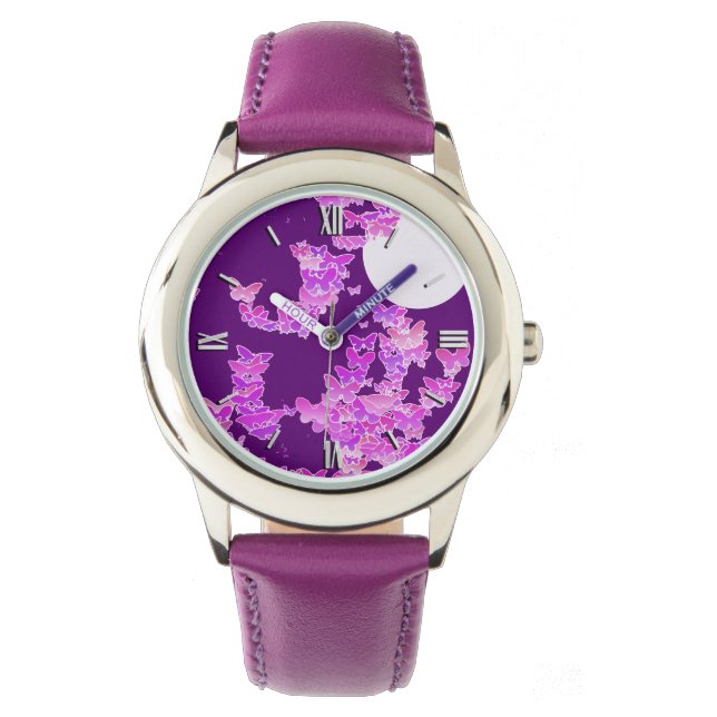 蝶とムーンスケープ – 蘭、アメジスト 腕時計 (正面)