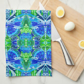蝶とメダリオンのろうけつ染め模様（青） キッチンタオル (四つ折り)