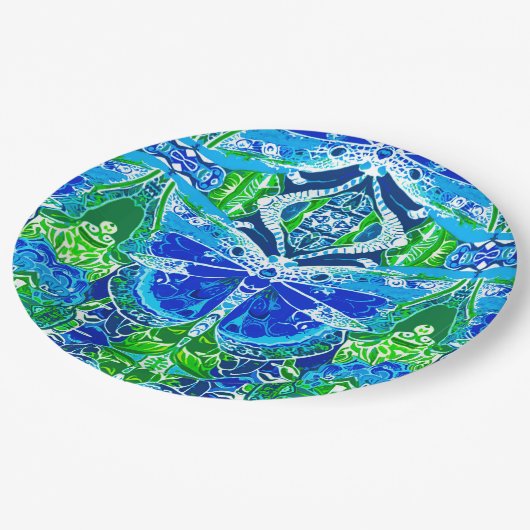 蝶とメダリオンのろうけつ染め模様（青） ペーパープレート (アングル)