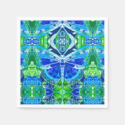 蝶とメダリオンの青い模様 スタンダードカクテルナプキン (正面)