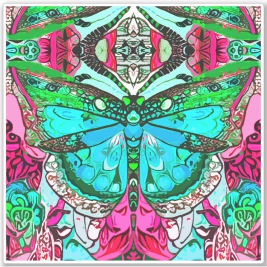 蝶とメダリオンろうけつ染めパターンターコイズ シール (正面)