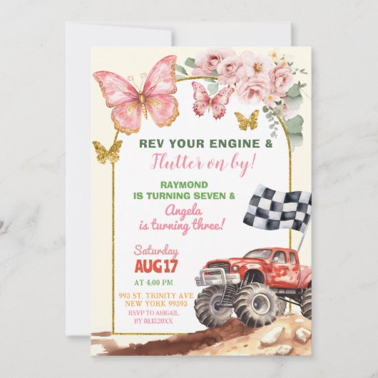 蝶とモンスタートラックジョイント誕生日 招待状 (正面)