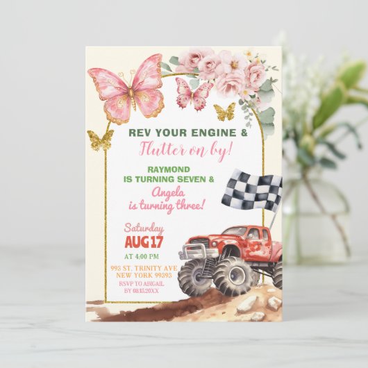 蝶とモンスタートラックジョイント誕生日 招待状 (スタンド正面)