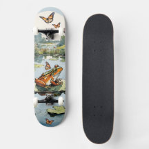 蝶とユリのパッドの上のカエル