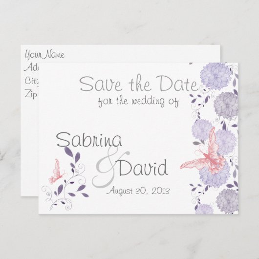 蝶とラベンダーキクの日付を保存 案内ポストカード (正面/裏面)