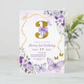 蝶とリボンのコケット風パープル 3歳の誕生日 招待状 (スタンド正面)